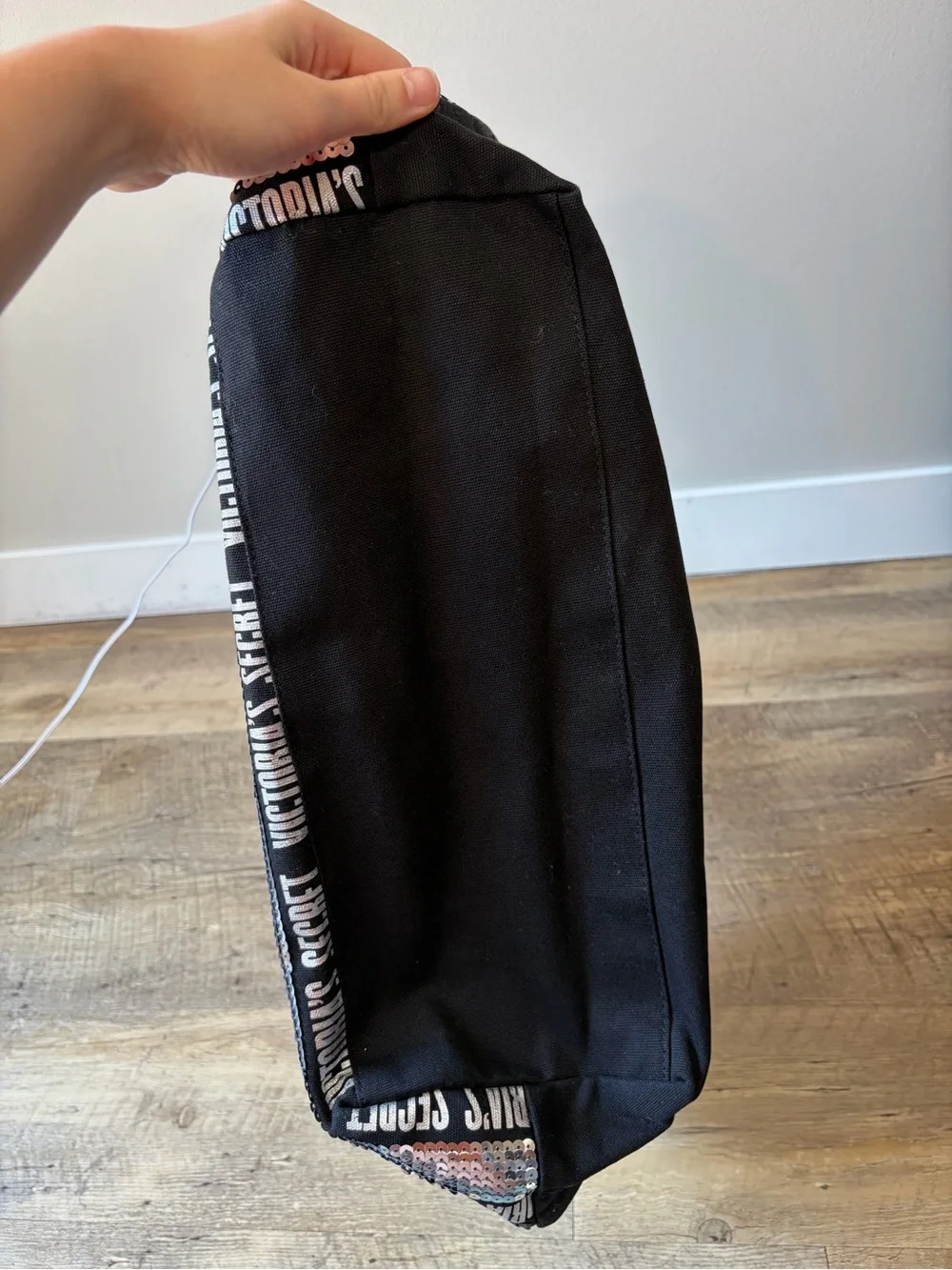 Victoria’s Secret Silver and Black Sequin Striped Weekender Canvas Tote Bag